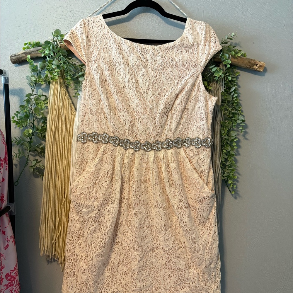 City Triangles Blush and Cream Lace Mini Dress with Silver Accents